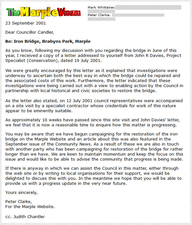 Letter to Councillor Candler 23 September 2001