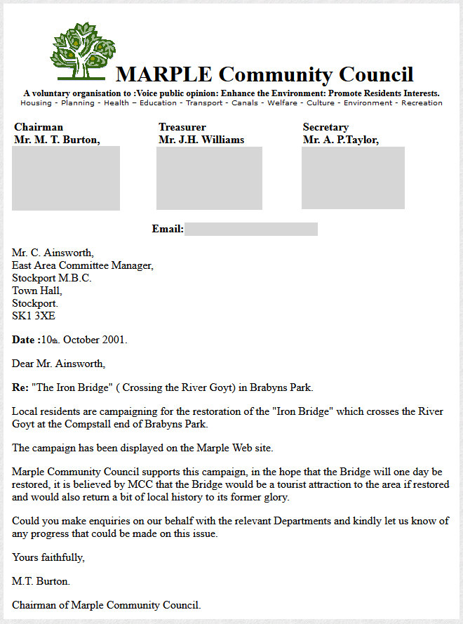 MCC letter to East Area Committee Manager 10th October 2001