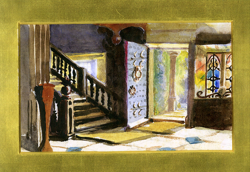 Watercolour painting of Marple Hall entrance hall provided by Marmaduke Alderson